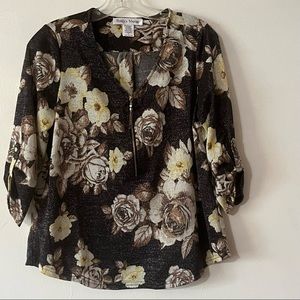 REBECCA MALONE Women Shimmering Floral Blouse 1/2 Zip 3/4 Roll Back Sleeve Small